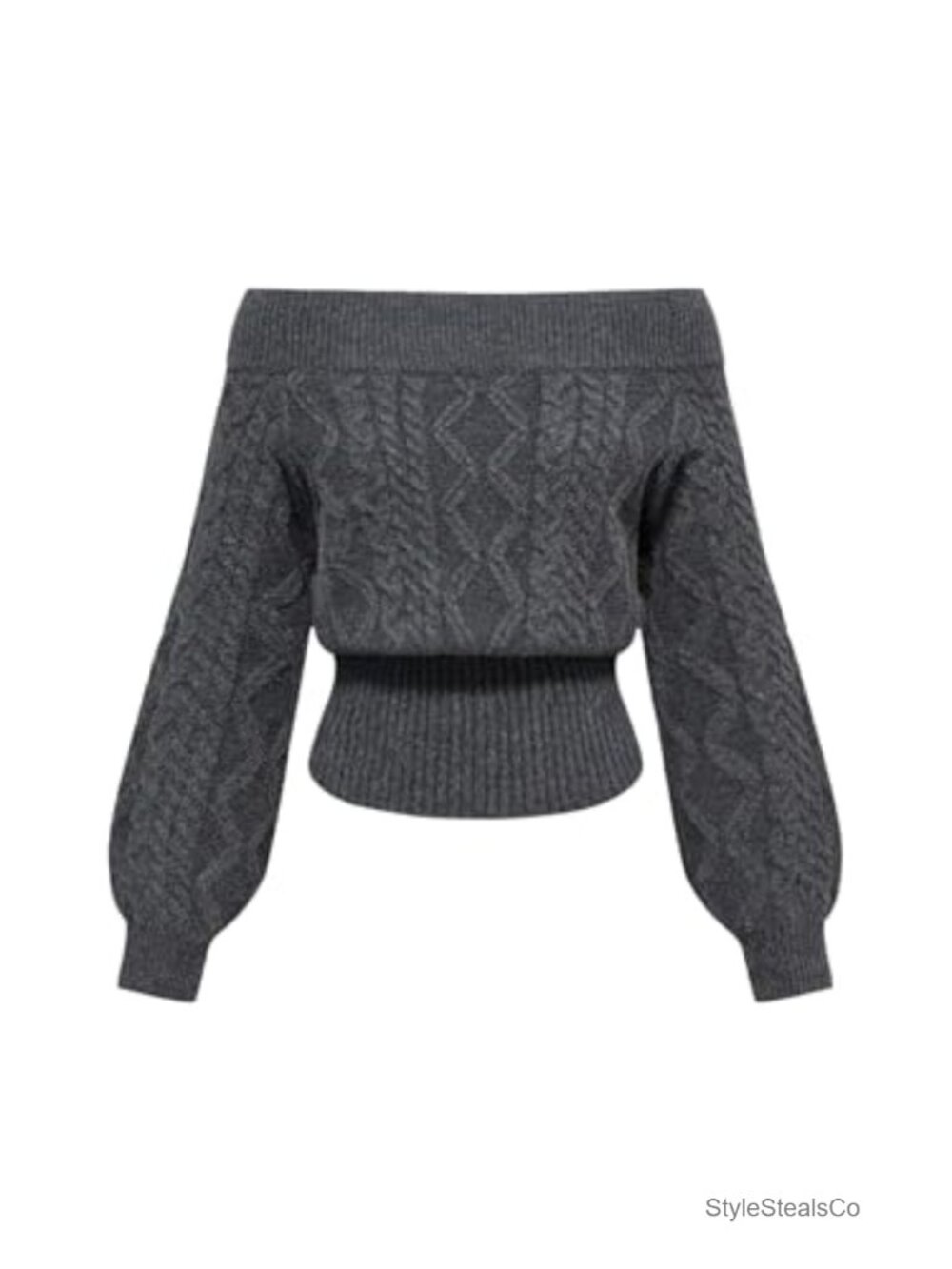 Cable Knit Off Shoulder Cinched Waist Crop Sweater